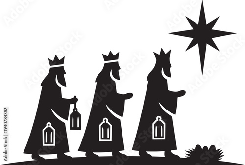 Silhouette vector illustration of Three Wise Men, Magi with crowns and gifts, following Star of Bethlehem, Christian tradition, Epiphany celebration, religious design