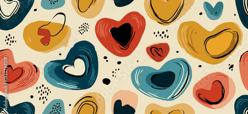 Hearts in a cute retro doodle style creating a vibrant seamless pattern. Seamless heart pattern representing love and romance