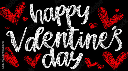 White handwritten Happy Valentines Day text surrounded by red hearts on a black background. Happy Valentines Day greeting text with red hearts