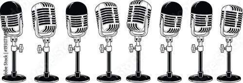 Set of vintage microphone icons, retro podcast mic silhouettes, radio broadcast equipment symbols, studio vocal recording tools, and acoustic vector illustrations.