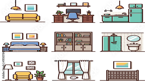 Large set of flat vector interior design icons including furniture for living room, kitchen, bedroom, bathroom, home office, and nursery in a modern style.