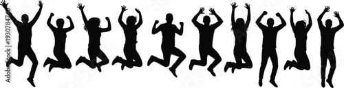 Black silhouettes of people jumping with arms raised joyful celebratory