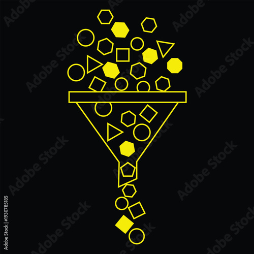Visual representation of data sorting and information filtering process using a simplified funnel icon with various geometric shapes passing through the constricted opening
