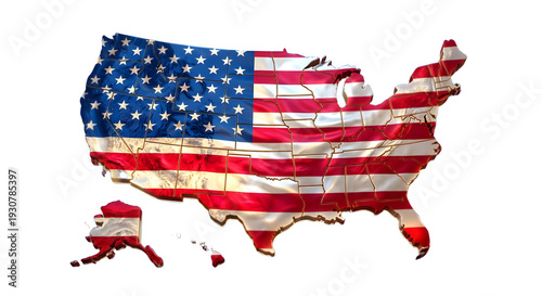 Konstfotografi 3D United States Flag on Map – American Flag Overlay on USA Geography Concept