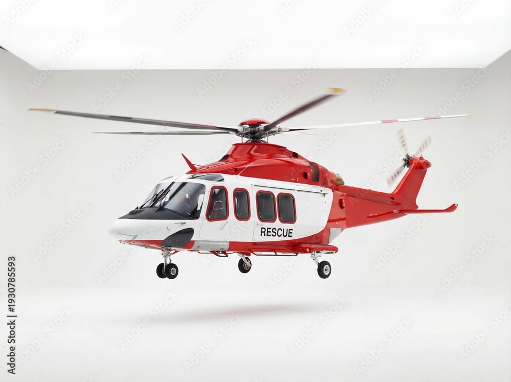 Fototapeta premium Rescue helicopter, fully captured, white background, bright and professional photography, no logo.