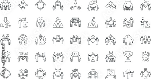 Collection of handdrawn icons representing teamwork, business, and collaboration