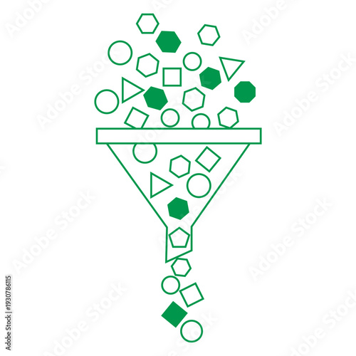 Visual representation of data sorting and information filtering process using a simplified funnel icon with various geometric shapes passing through the constricted opening