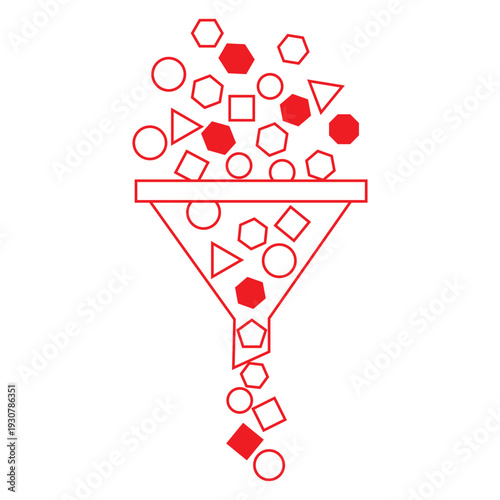 Visual representation of data sorting and information filtering process using a simplified funnel icon with various geometric shapes passing through the constricted opening
