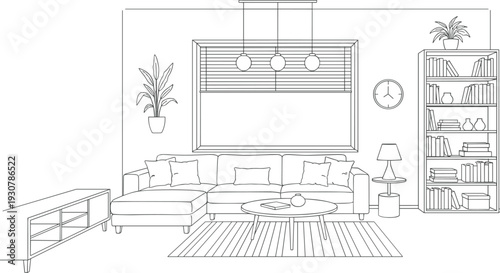 Minimalist line art vector illustration of a modern living room interior featuring a sectional sofa, coffee table, bookshelf, and window in thin black outline.