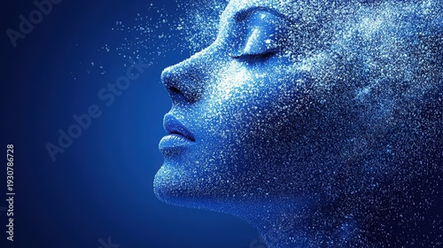 Profile of a Woman with Particle - like Effect on Blue Background