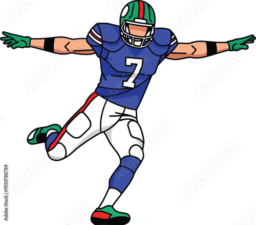 American football player kicking ball in blue jersey