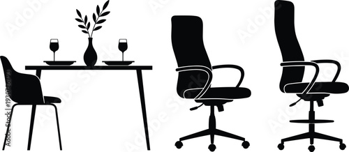 Set of black silhouettes featuring two different ergonomic office desk chairs and a modern dining table set with two wine glasses and a vase.