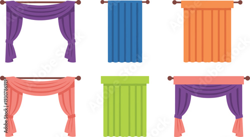 Set of colorful flat vector curtain icons including drapes with swags, valances, and tiebacks in purple, blue, orange, pink, and green for interior window decor.