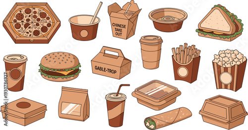 Fast Food Takeaway Set with Burger Pizza Fries Sandwich and Disposable Packaging Vector Illustration