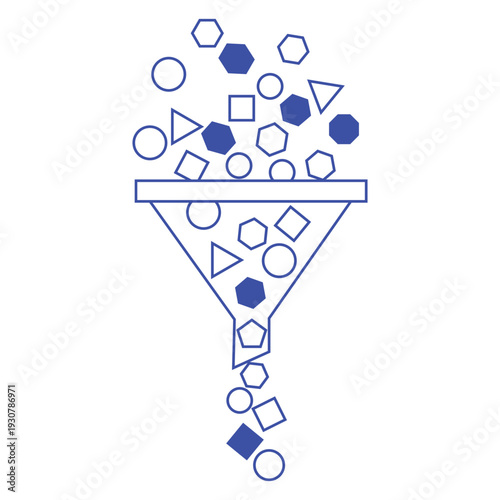 Visual representation of data sorting and information filtering process using a simplified funnel icon with various geometric shapes passing through the constricted opening