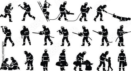 Firefighters in various actions and poses with equipment firemen fire fighters fire department