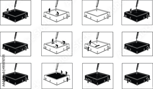 Set of isometric vector icons showing construction workers pouring concrete foundation for building base with pump crane and leveling tools in black and white