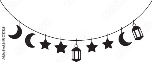 Minimalist ramadan garland with hanging moon stars and arabic lantern silhouettes for muslim religious festive designs