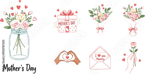 Mother’s Day Floral and Gift Vector Set with Bouquet, Mason Jar Flowers, Heart Hands, Envelope and Rose Illustration