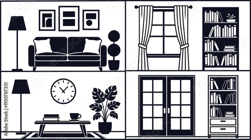 Set of four minimalist black and white interior design scenes featuring silhouettes of sofas, bookshelves, windows with curtains, floor lamps, and house plants.