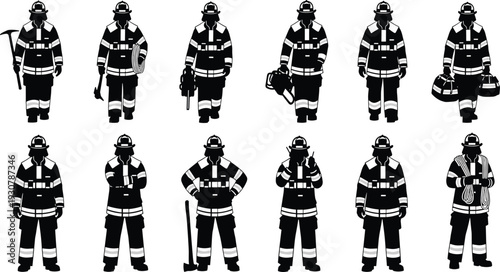 Firefighters in various poses and with equipment firemen fire fighters fireman