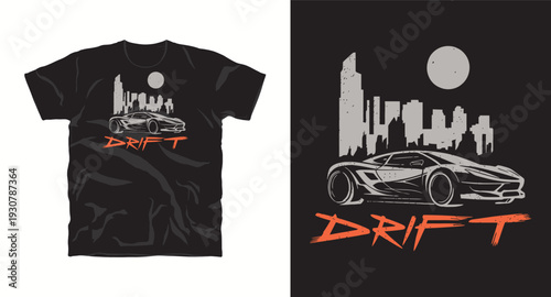 Drift car t-shirt design with city skyline and moon. vector illustration for automotive apparel