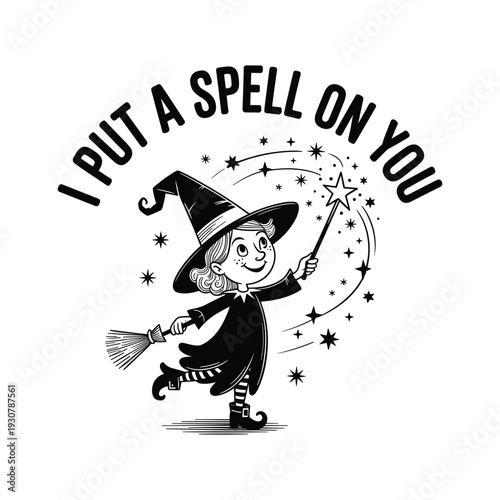 Whimsical witch character casting spells with star dust and broomstick for halloween fun