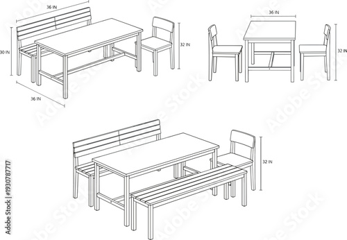 Technical line drawing vector illustration of wooden dining table set with bench and chairs including dimensions and measurements for furniture assembly or design.