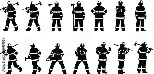 Firefighters in various poses with tools firemen fire fighters emergency responders