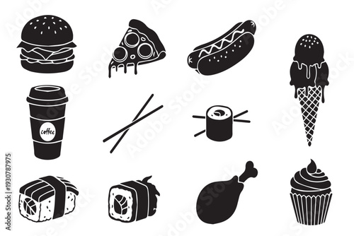 Clean black silhouette food illustration set including hamburger, pizza slice, sausage, coffee cup, ice cream cone, chicken drumstick and bakery items isolated on white background