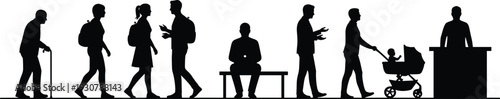Silhouettes of people walking and sitting in various poses