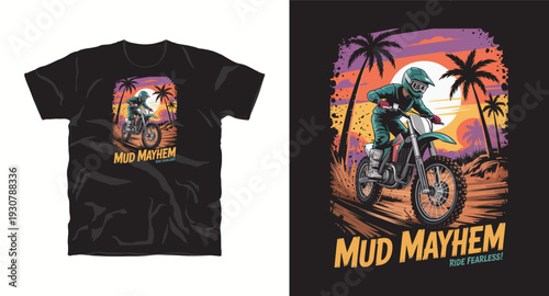 Motocross rider jumping in tropical beach landscape with palm trees and sunset