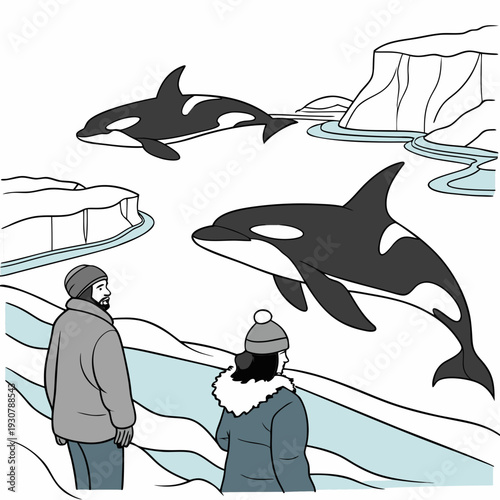 Orca whales swim in arctic ice with two people watching