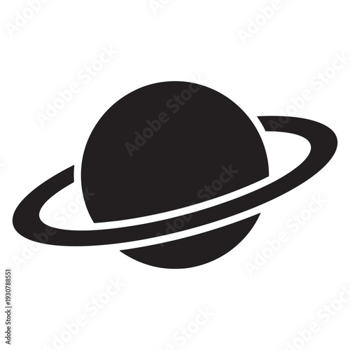 A simple black and white graphic of a planet with a ring system.