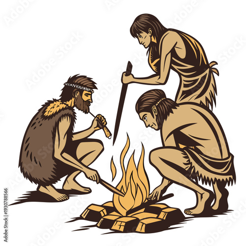 Ultra detailed realism showing early human tribe starting fire