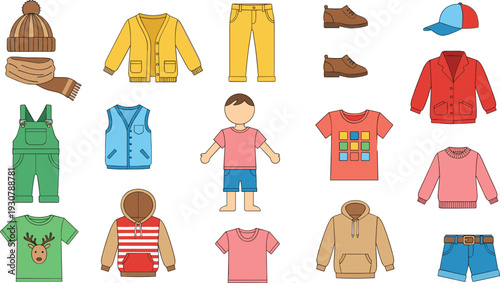 Kids Clothing Collection with Jackets Sweaters T Shirts Pants Hats and Shoes Vector Illustration Set