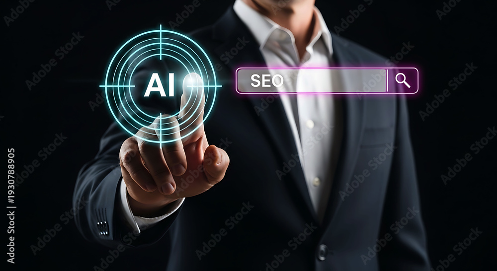 Fototapeta premium Businessman touching AI target and SEO search bar for digital marketing strategy