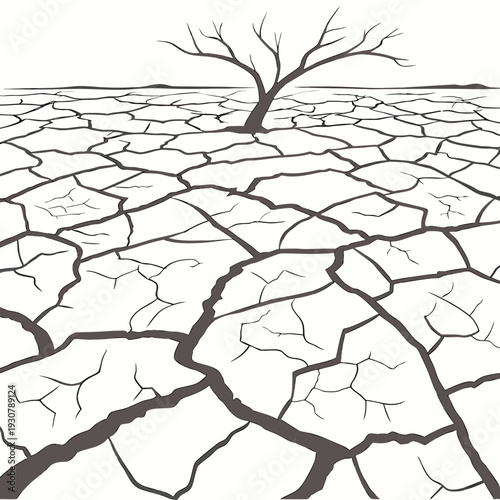 Cracked dry earth with bare tree ground soil