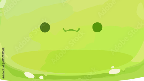 Photography Minimalist cute green slime character face illustration featuring simple dark ey