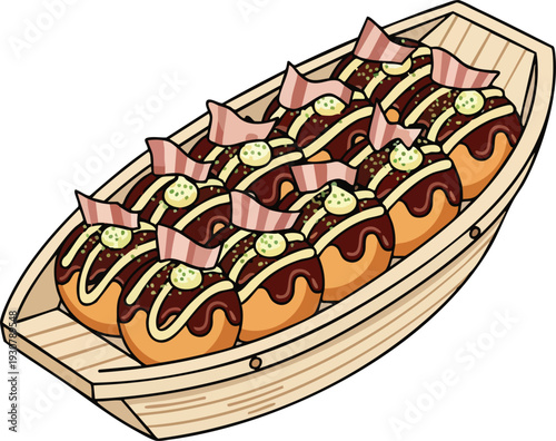 Delicious Takoyaki Served in a Traditional Wooden Boat Dish.