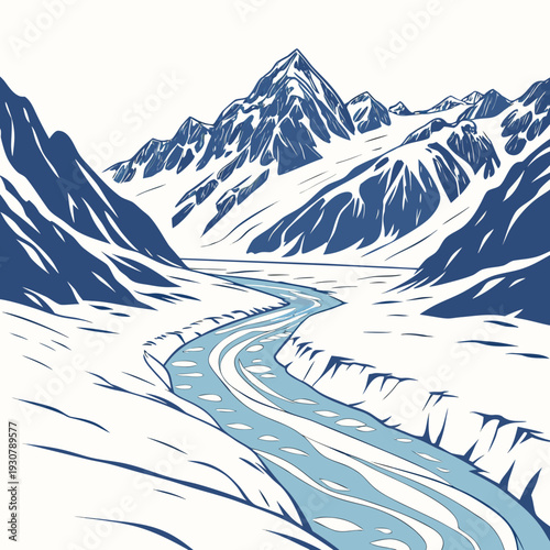 Blue and white of a glacier with a river flowing through snowy mountains