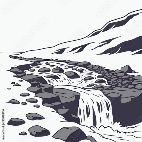 Melting glacier stream with rocks and mountain