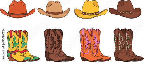 Western Cowboy Hats and Boots Collection with Rustic Country Style Fashion Accessories Vector Illustration