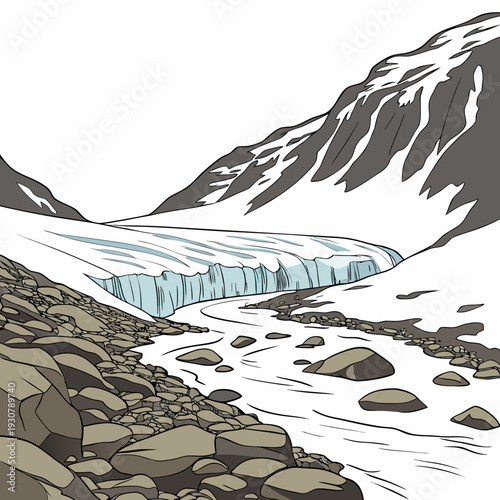 Melting glacier in snowy mountain landscape with rocks