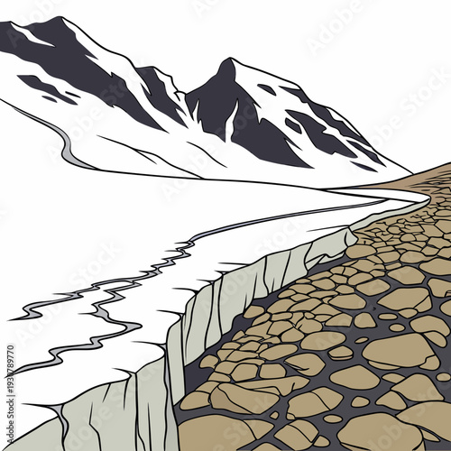 Melting glacier with rocky foreground and snow-capped mountain