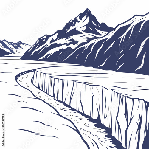 Glacier cliff edge with snow covered mountains