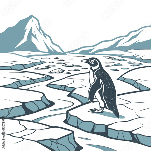 Penguin standing on cracked ice with mountain range