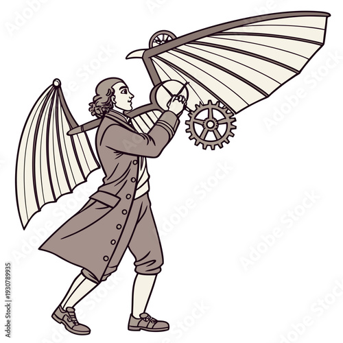 Man in 18th century clothing holding mechanical wings with gears