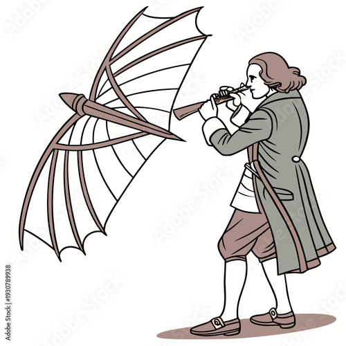Man in 18th century clothing flying kite with stringless tail