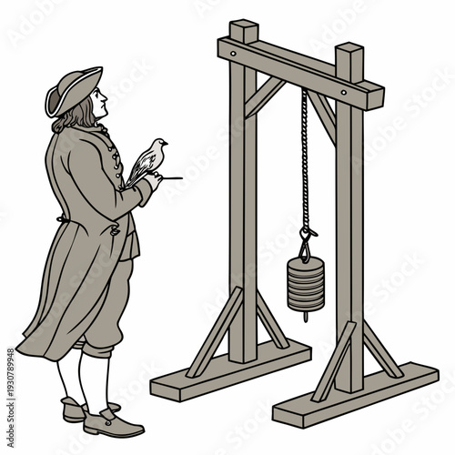 Man in historical clothing standing next to a guillotine with a bird on his hand